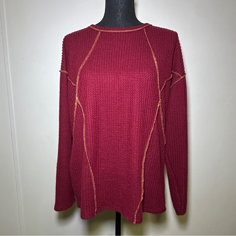Bono Maroon Burgundy Waffle Knit Top with Stitching Detail Boho Causal